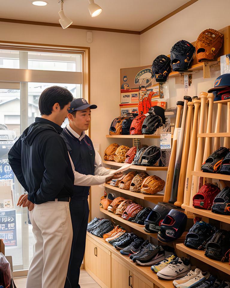 高城トンネル近くの野球用品店でグラブとバットを並べて接客する店内風景