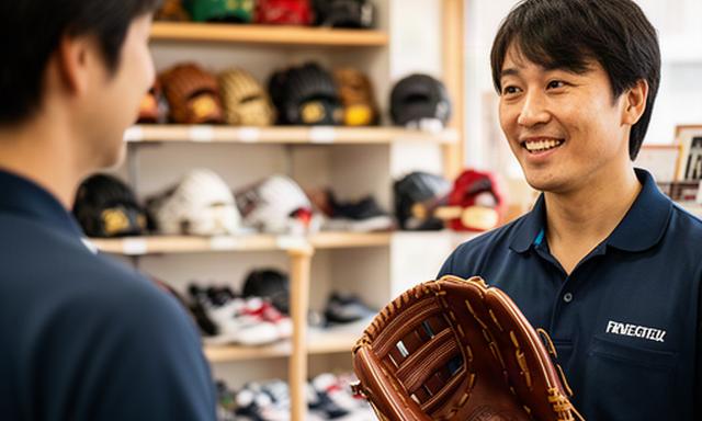 高城トンネル近くの野球用品店でスタッフがグラブを手に相談を受ける様子