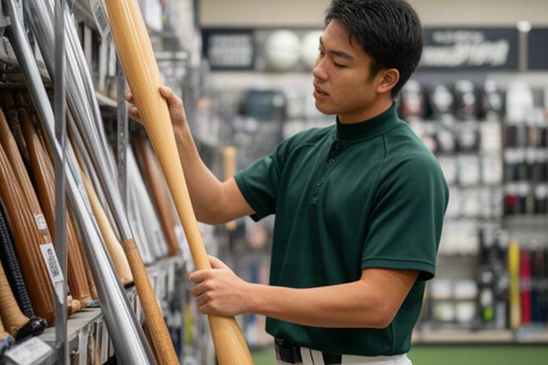 佐伯市の店内で硬式金属バットと木製バットを比較する高校生選手