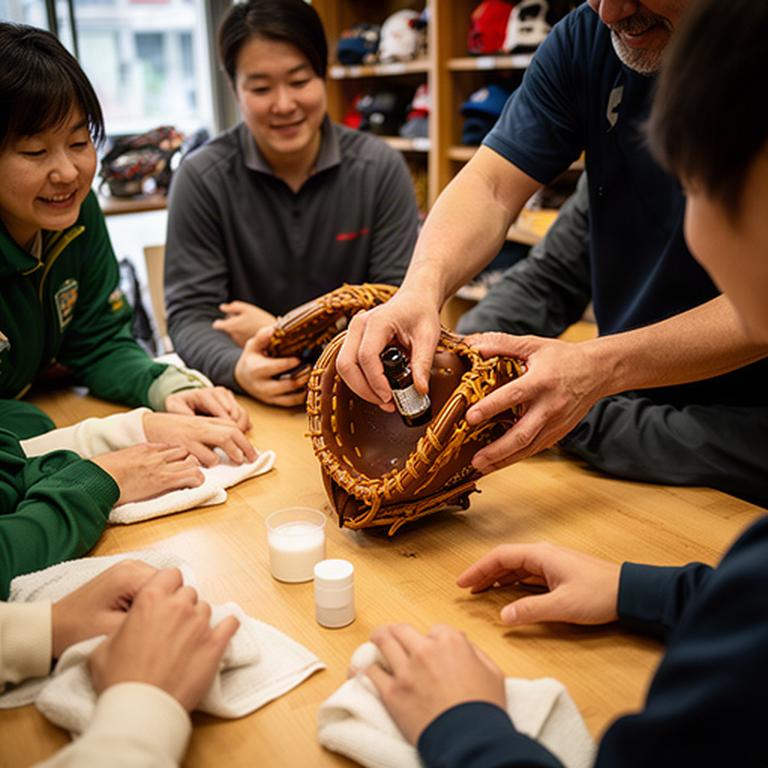 店内テーブルでグラブにオイルを塗る手入れ講習会の様子