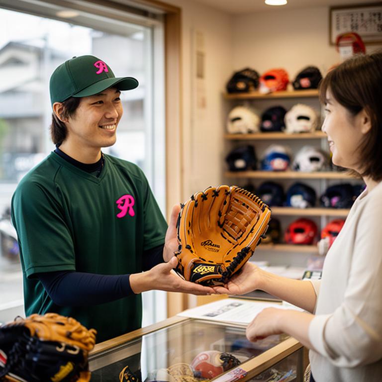 高城トンネルそばの店舗でスタッフが少年野球の保護者にグラブを説明している様子