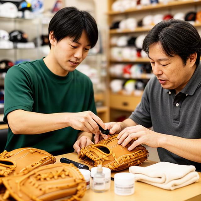 佐伯市の店内で保護者がスタッフからグラブのオイル手入れを教わる講習会