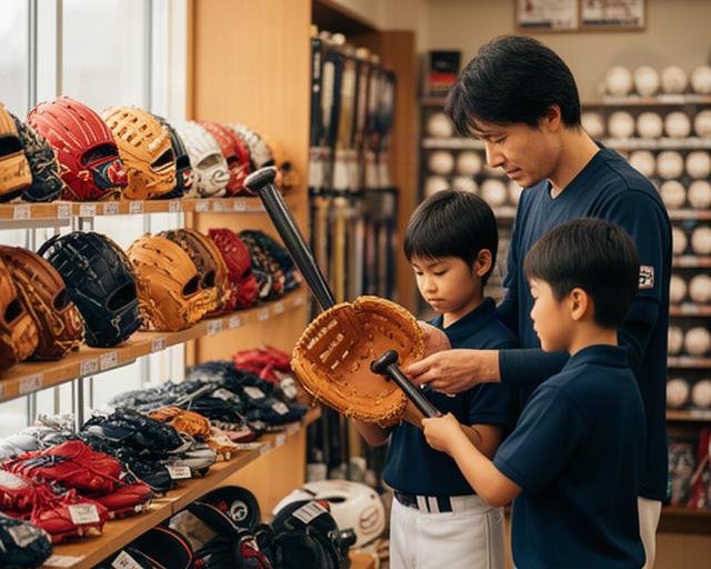 佐伯市の野球用品店でグラブとバットを手に取って選ぶ親子