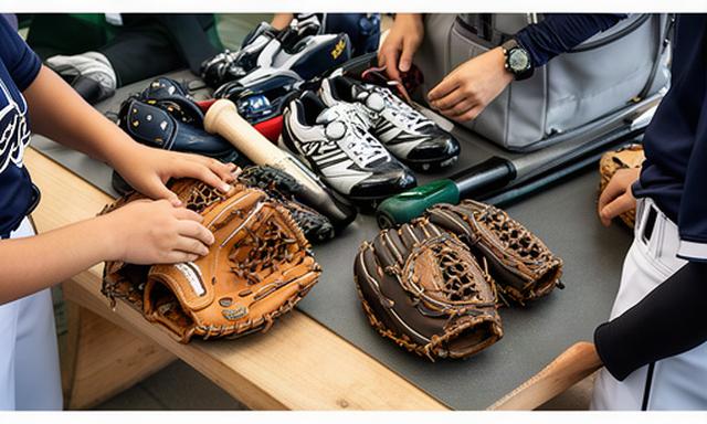 野球チームのグラブとスパイクを遠征前に並べて点検している様子